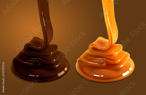 Two caramel streams of golden and chocolate color flow to the surface. High detailed realistic illustration.