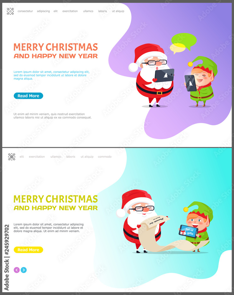 Merry Christmas and happy New Year web page set vector. Santa Claus with elf helper checking list of children to get gifts, chatting on laptop phone Merry Christmas and happy New Year web page set vector. Santa Claus with elf helper checking list of children to get gifts, chatting on laptop phone
