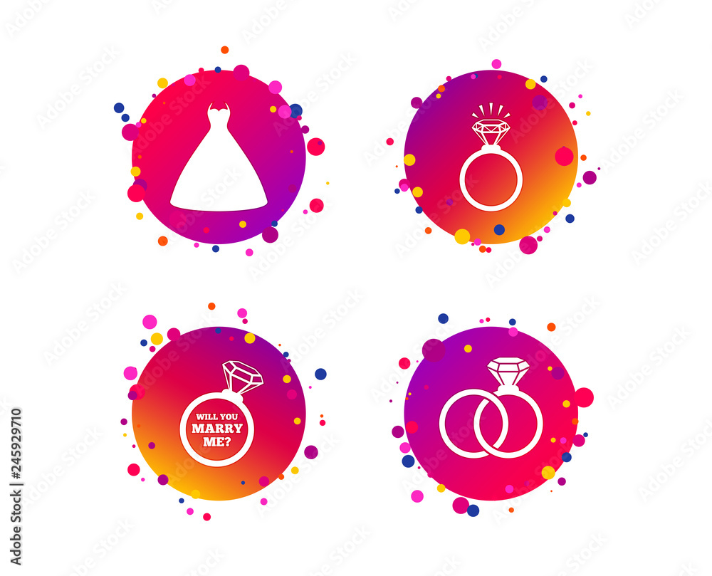 Wedding dress icon. Bride and groom rings symbol. Wedding or engagement day ring shine with diamond sign. Will you marry me? Gradient circle buttons with icons. Random dots design. Vector Wedding dress icon. Bride and groom rings symbol. Wedding or engagement day ring shine with diamond sign. Will you marry me? Gradient circle buttons with icons. Random dots design. Vector