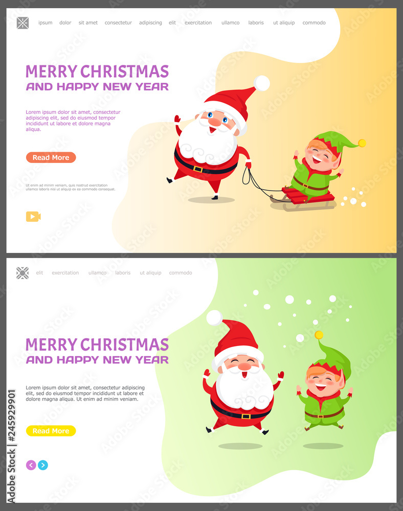 Fototapeta premium Merry Christmas and happy New Year Santa Claus with elf vector. Winter character with helper standing under snowfall, riding sleigh together holidays