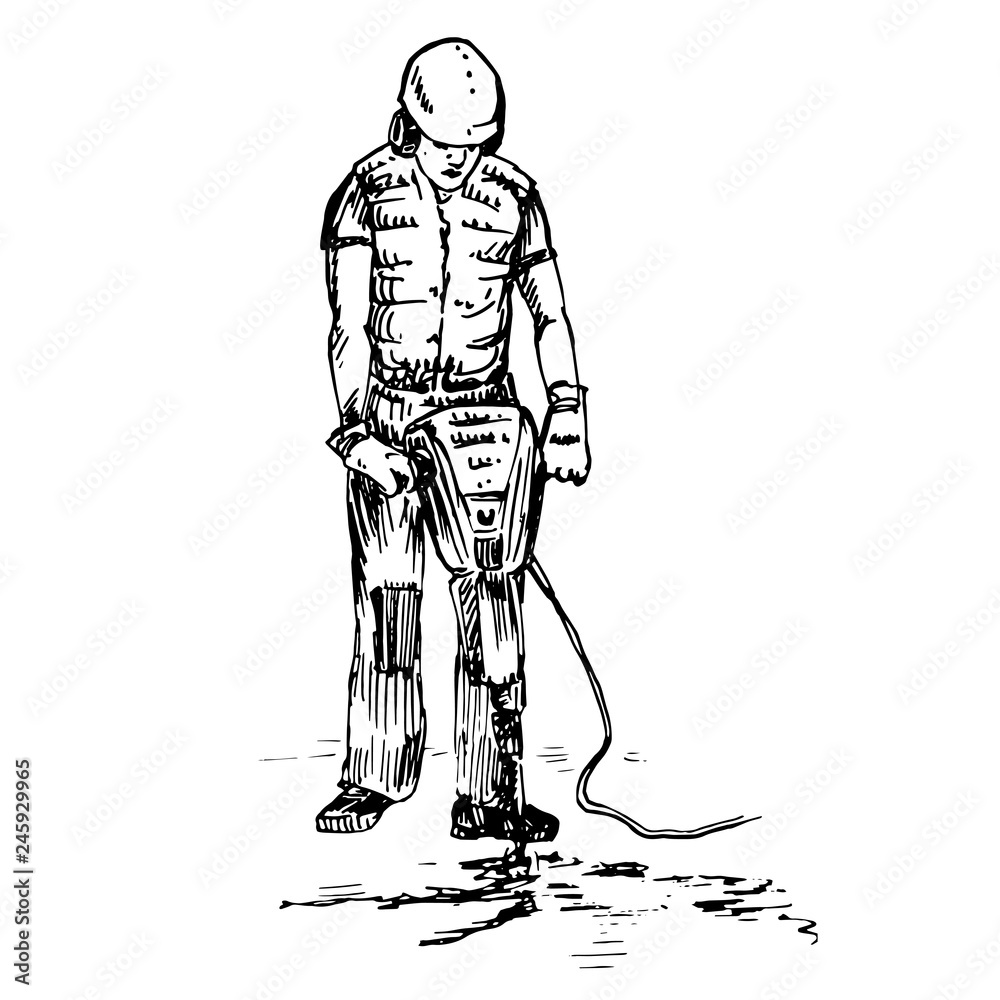 Man in protective headphones and helmet with pneumatic hammer drill  equipment breaking asphalt (handy concrete breaker), hand drawn doodle,  sketch, black and white vector illustration Stock Vector | Adobe Stock