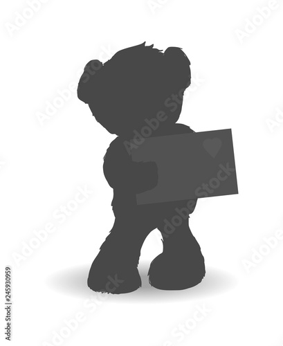 Teddy bear with shy and modest mood holding letter with icon of heart, made with love, poster and vector illustration isolated on white background. Black on white