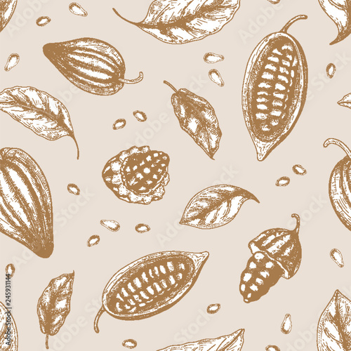 Schilderij op canvas Monochrome seamless pattern with pods or fruits of cocoa tree, beans or seeds an