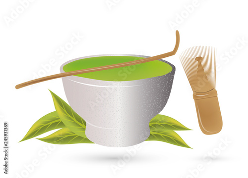 Matcha Tee in einer Schale mit Zubehör