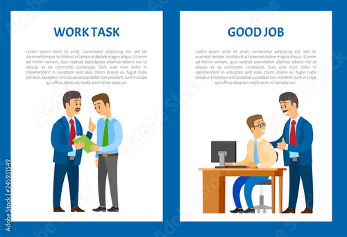 Boss giving work task, praise for good job. Company leader supervising new office worker vector. Director pleased with work of employee, encouraging for results