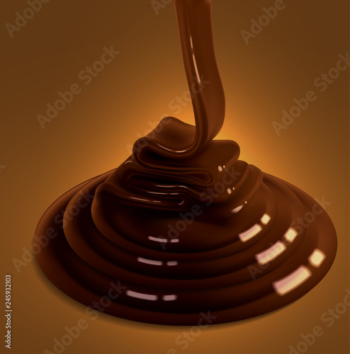 Glossy flowing chocolate jet on a brown background.. High detailed realistic illustration.