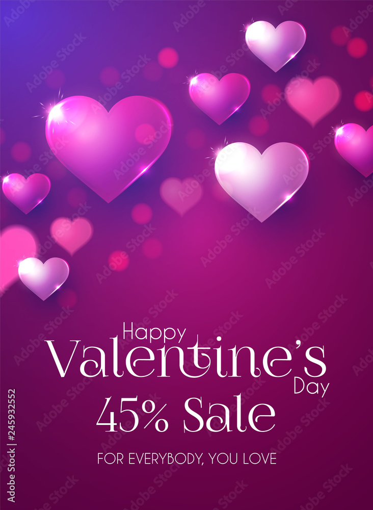Happy Valentine s Day Design Template with Glossy Hearts.
