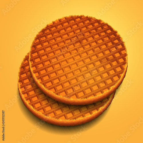 Two round grooved waffles on a yellow background. Highly realistic illustration.