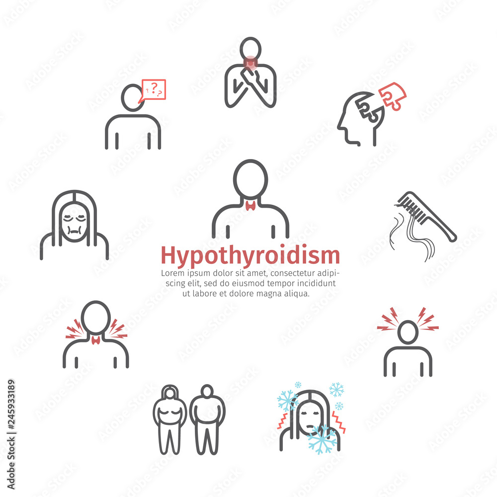 Hyperthyroidism banner. Symptoms, Treatment. Line icons set. Vector signs for web graphics. Hyperthyroidism banner. Symptoms, Treatment. Line icons set. Vector signs for web graphics.