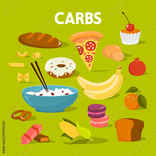 Set of carb food. Bread and other bakery, pasta