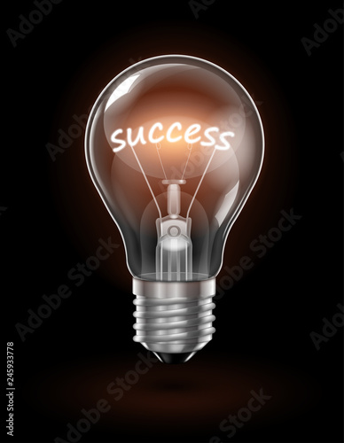 Transparent glowing  light bulb on a dark background with the word Success instead of a tungsten filament. Highly realistic illustration.