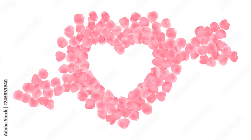 Background with realistic pink rose petals in the shape of a heart pierced by an arrow isolated on white background.