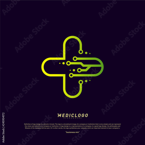 Medical Tech Logo Design Concept Vector. Colorful Fast Digital Healthcare Logo Design Template