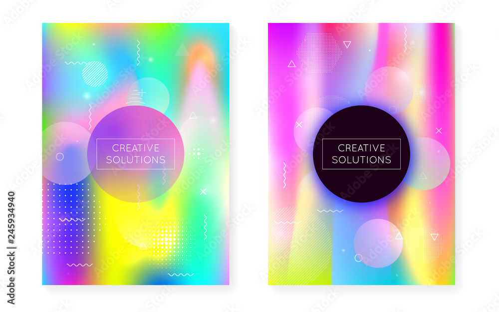 Bauhaus cover set with liquid shapes. Dynamic holographic fluid with gradient memphis background. Graphic template for flyer, ui, magazine, poster, banner and app. Trendy bauhaus cover set.