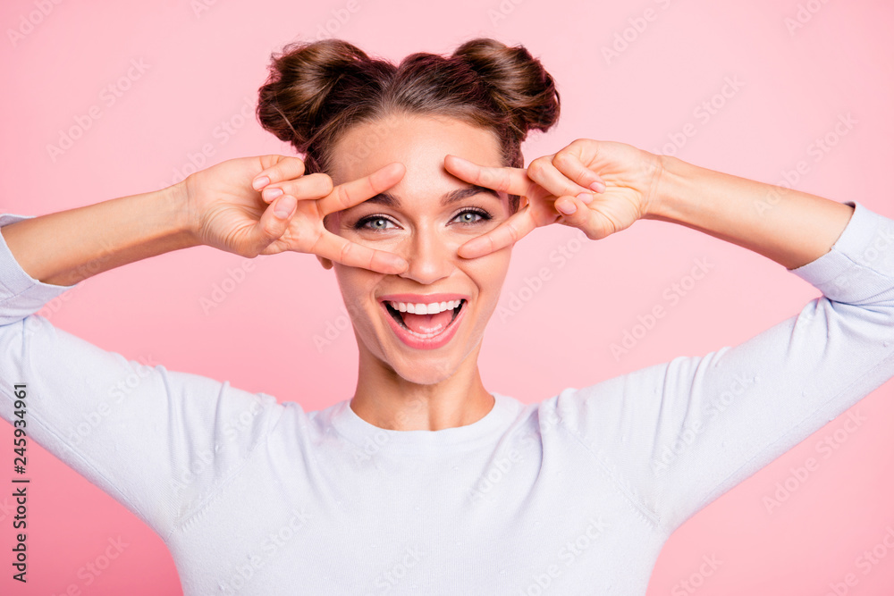 Close up photo of amazing attractive pretty she her lady with cute buns both hands fingers in shape form figure v-sign wearing white pullover isolated on bright rose background Close up photo of amazing attractive pretty she her lady with cute buns both hands fingers in shape form figure v-sign wearing white pullover isolated on bright rose background