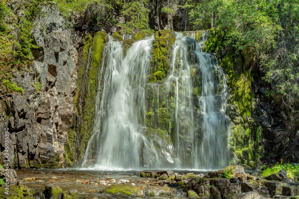 Fototapeta premium Waterfall flowing down a green moss covered rock wall