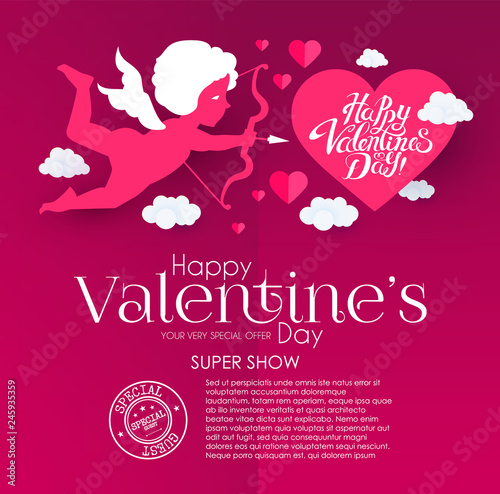 Happy Valentine s Day. Cute Design Template with Hearts, Cloud and Cupid Holding Bow and Arrow.