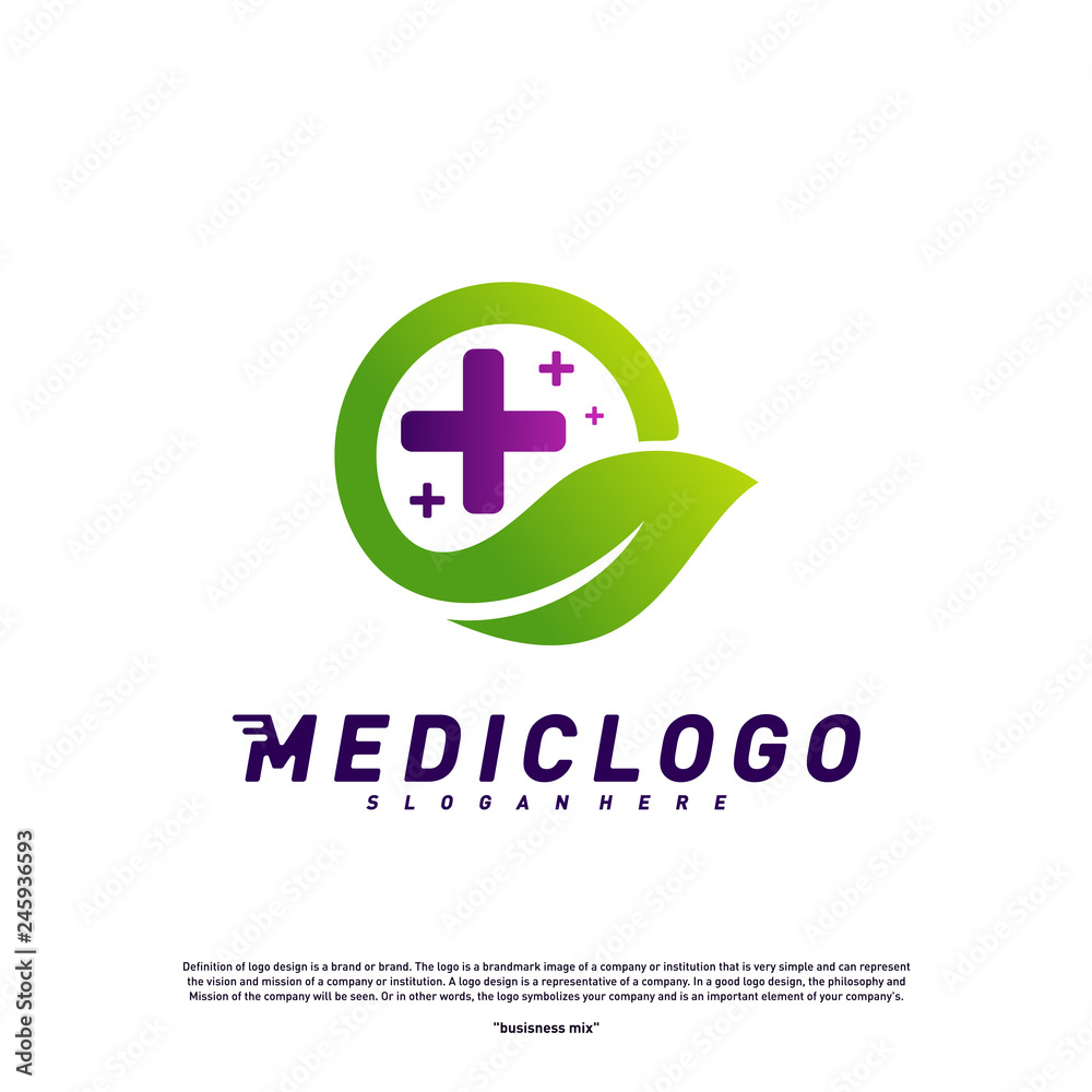 Obraz premium Green Medical Logo Design Concept Vector. Healthcare Leaf Logo Design Template