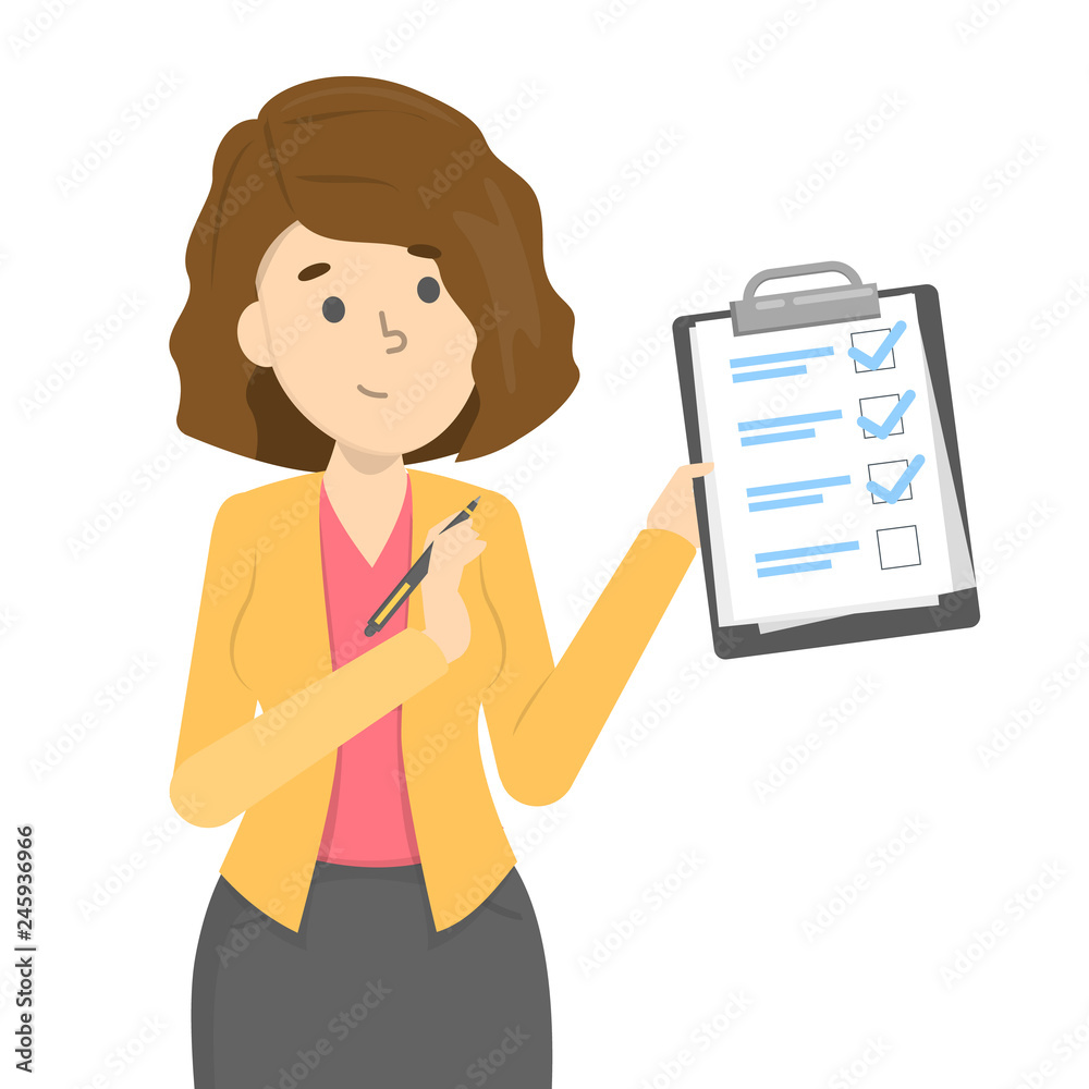 Woman with pen standing and holding a clipboard Woman with pen standing and holding a clipboard
