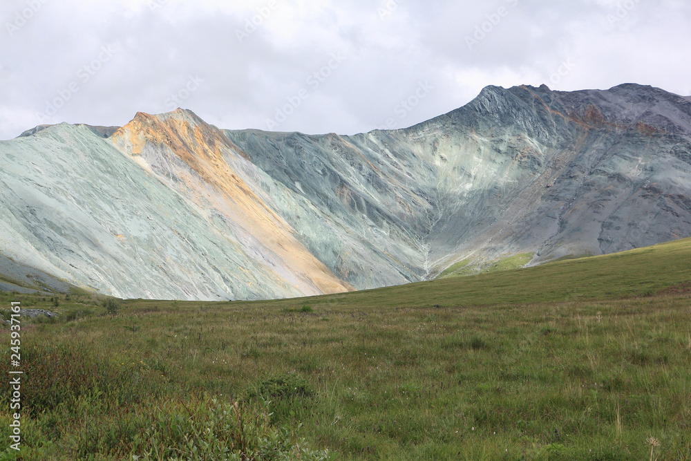 View of the colored mountains and the gorge of Yarlu, Altai Mt, Russia