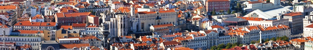 Portugal. Lisbon. Panoramic view on the historic city center, the ruins of the monastery of Carmo, the lift of Santa Justa and the Rossio Railway Station from observation deck of fortress Saint George