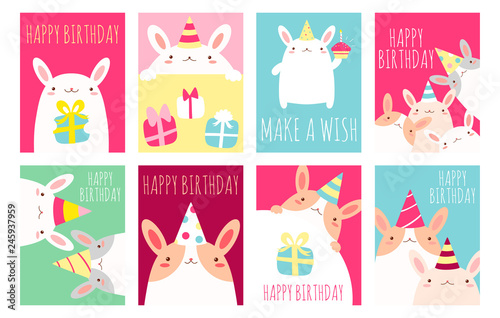 Set of birthday banners with cute rabbits