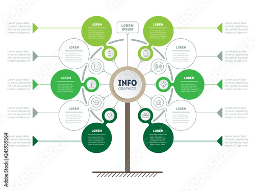Vertical Timeline infographics. Tree of development and growth of the eco business. Infographic of tendencies and trends graph. Business presentation concept with 6 or 10 options, parts.