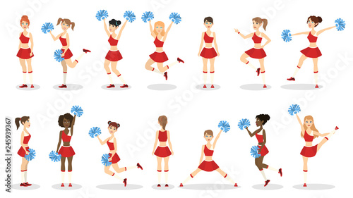 Cheerleader in red uniform set. Beautiful girl
