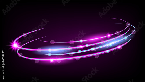  Whirlpool spiral backdrop. Exhibition platform. Glare bright with shining round frame.Neon  line circle glitter sparkle trail effect . Vector swirl trail effect  luminous rings for background