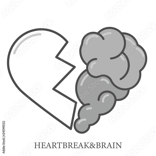 Heartbreak vector. Broken Heart and Brain flat modern icon logo vector design. Interaction between soul and intelligence, emotions, loneliness, divorce, broken relationship, rational thinking