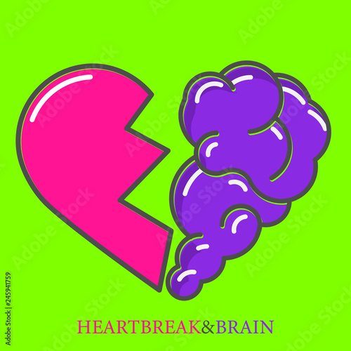 Heartbreak vector. Broken Heart and Brain flat modern icon logo vector design. Interaction between soul and intelligence, emotions, loneliness, divorce, broken relationship, rational thinking