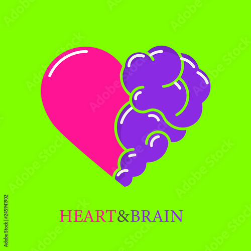 Heart and Brain flat modern icon logo vector design. Interaction between soul and intelligence, emotions and rational thinking or teamwork and balance