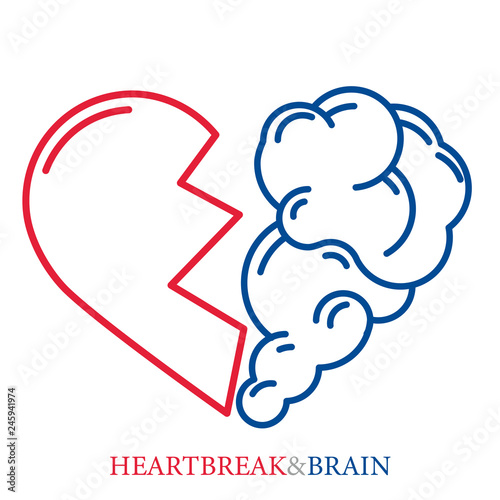 Heartbreak vector. Broken Heart and Brain flat modern icon logo vector design. Interaction between soul and intelligence, emotions, loneliness, divorce, broken relationship, rational thinking