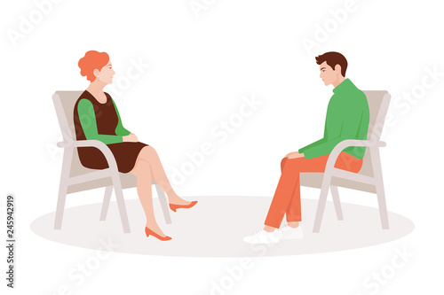 A woman psychologist and her patient are sitting in chairs. Psychiatrist consultation. Psychotherapy. Psychoanalysis. Treatment of depression. Vector flat illustration