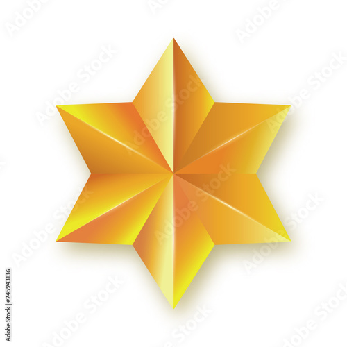 Icon of faceted golden star. Realistic three-dimensional six pointed hexagon isolated on white background. Decorative design element, 3d vector illustration