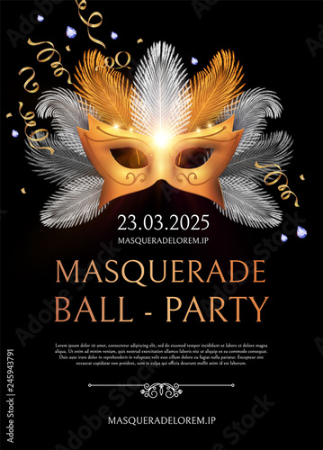Masquerade Flyer Template with Gold Carnival Mask.