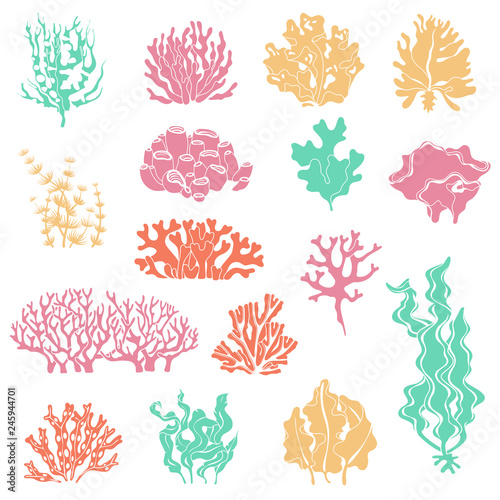 Seaweed and coral silhouettes. Ocean reef corals, underwater marine plants and aquariums kelp. Deep water seaweed