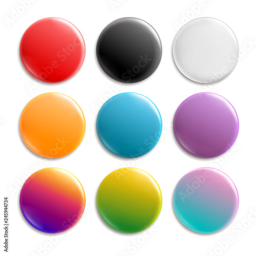 Colorful pin badges. Badge icon button with pin. Glossy white and color circle 3d pushing buttons, disc brooch set