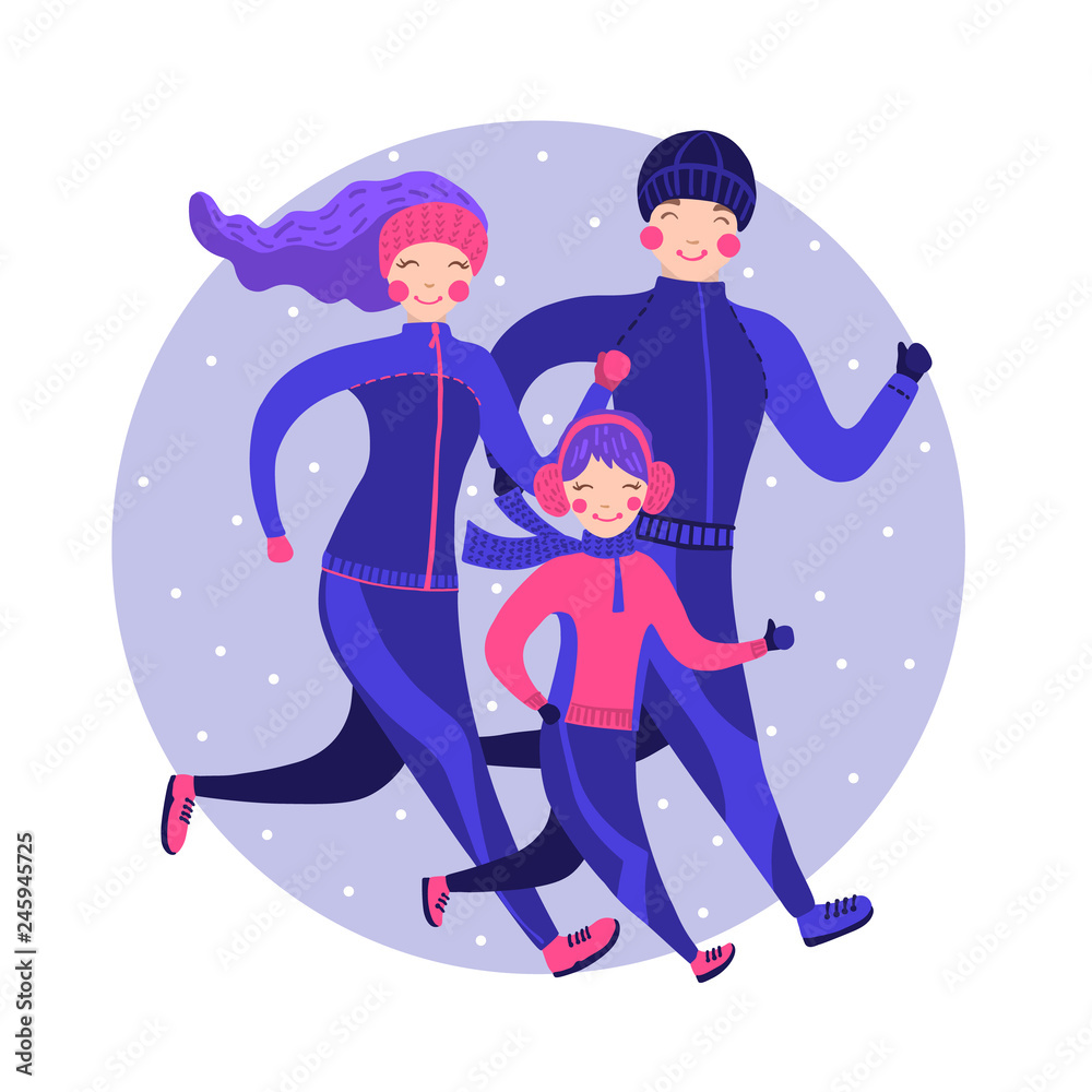 Happy family in winter gear running outside. Happy family in winter gear running outside.