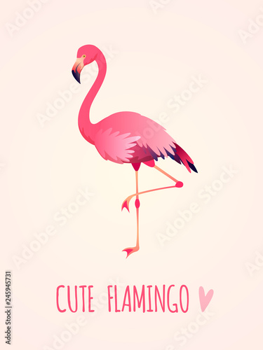 Cute flamingo. Tropical pink bird, girl card poster exotic wild nature, party beach beauty sticker isolated cartoon