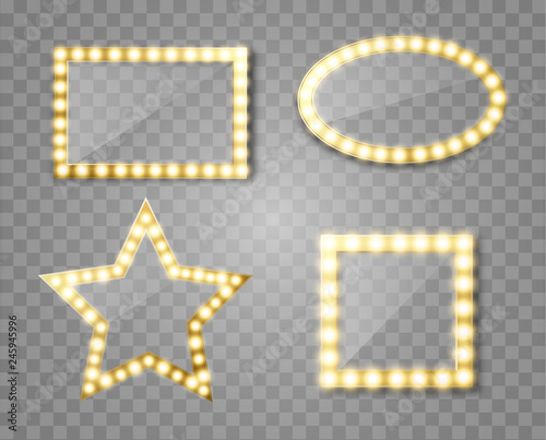 Makeup mirror isolated with gold lights. Vector square and round frames illustration