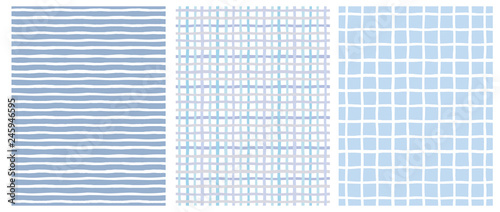 Set of 3 Hand Drawn Irregular Geometric Patterns. Horizontal White Stripes on a Blue Background. Blue and Beige Grid on a White. White Grid on a Blue. Cute Infantile Repeatable Design.