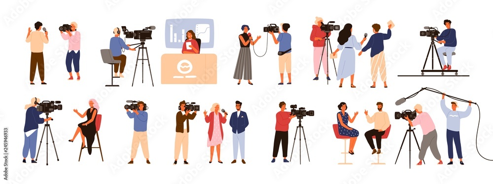 Collection of journalists, talk show hosts interviewing people, news presenters and cameramen or videographers with cameras isolated on white background. Vector illustration in flat cartoon style. Collection of journalists, talk show hosts interviewing people, news presenters and cameramen or videographers with cameras isolated on white background. Vector illustration in flat cartoon style.