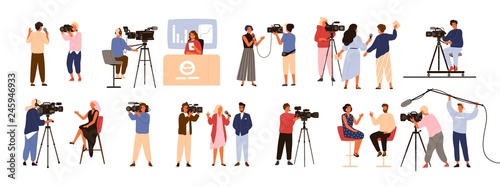 Collection of journalists, talk show hosts interviewing people, news presenters and cameramen or videographers with cameras isolated on white background. Vector illustration in flat cartoon style.