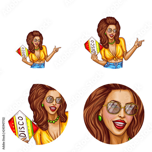 Vector avatar of disco woman in fashion glasses with lush hairdo, holding audio disk. Networking element with hippie dancer, music lover for user chat, blog