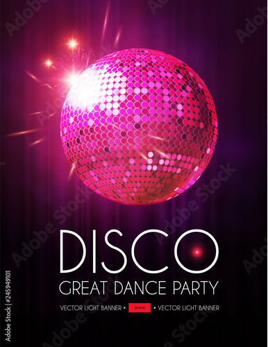 Disco Party Flyer Templatr with Mirror Ball, Stage Curtain and Light Effects.