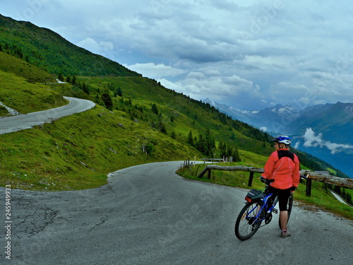 Austrian Alps-view of the cyclist on the mountain road