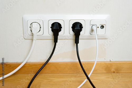 Electric and aerial outlet sockets, electric plugs and cables.