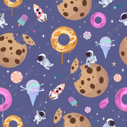 Sweet space seamless pattern with fantasy chocolate cookie, candy, donut, caramel sweets planets and astronaut. Editable vector illustration