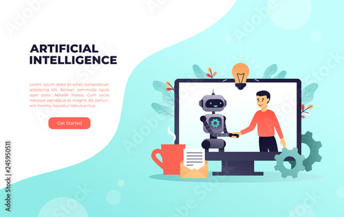 Robot and man make agreement by handshake. Industry 4.0 and artificial intelligence. Machine learning. Flat vector landing page template concept in light cyan palette